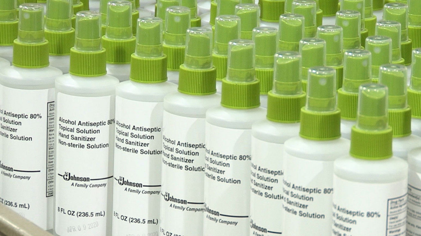 SC Johnson Hand Sanitizer Bottles on the production line